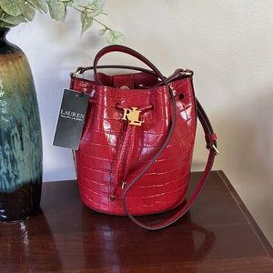 Lauren Ralph Lauren Red Animal Embossed Leather Bucket Handbag NWT